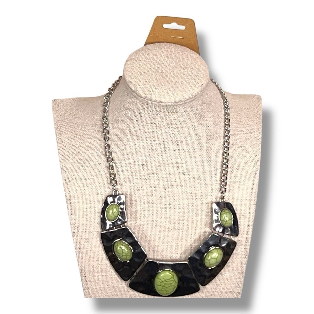 Silver Green Statement Necklace Boho Bohemian 16” Length